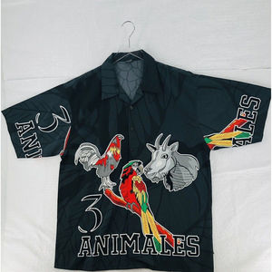 Ibeu 3 Animales Animals 2 Sided Print Button Shirt Black 2XL Camp Collar Parrot